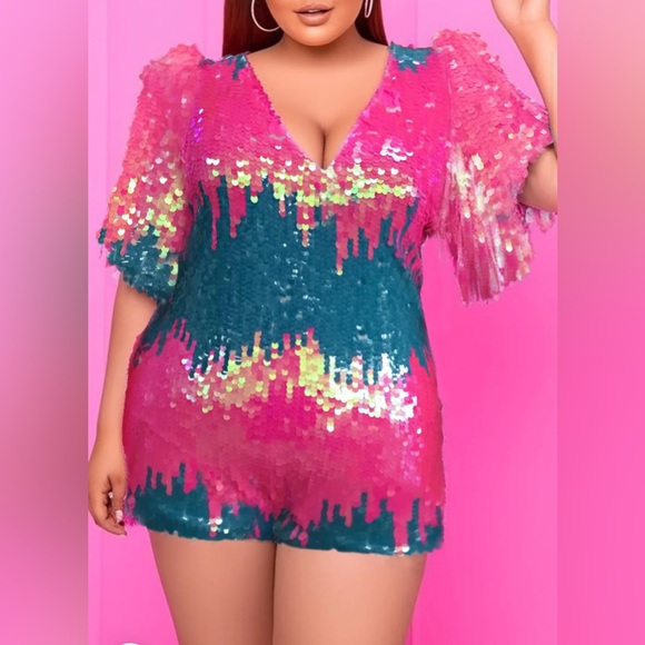 Xpluswear Pants - Plus Size Pink Party Sparkly Sequin Glitter V Neck Romper Size 14/16